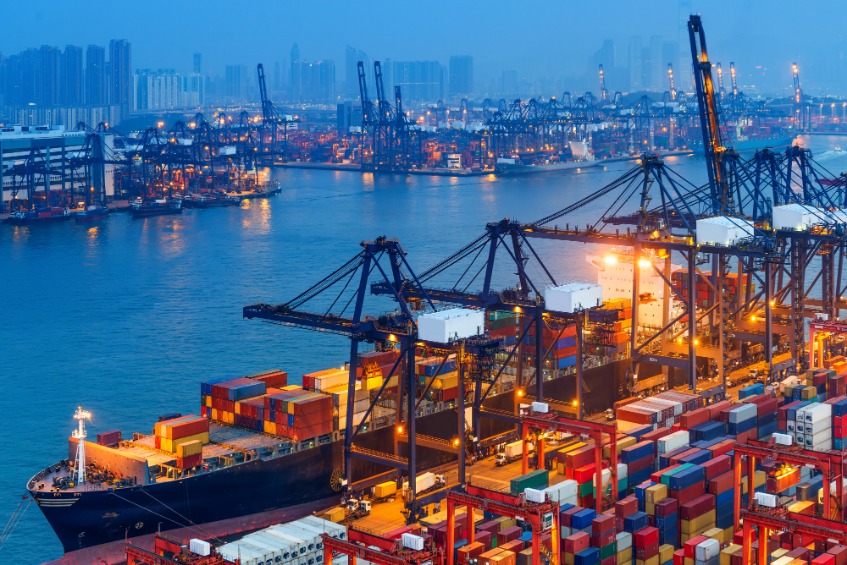 Port with containers and ship